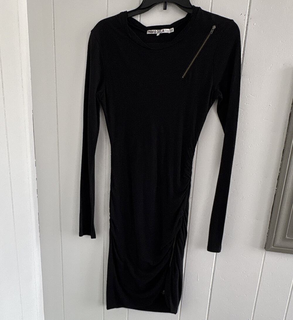 PAM & GELA Black Ruched Bodycon Dress Round Neck Long Sleeve Zipper Petite P - Picture 2 of 5